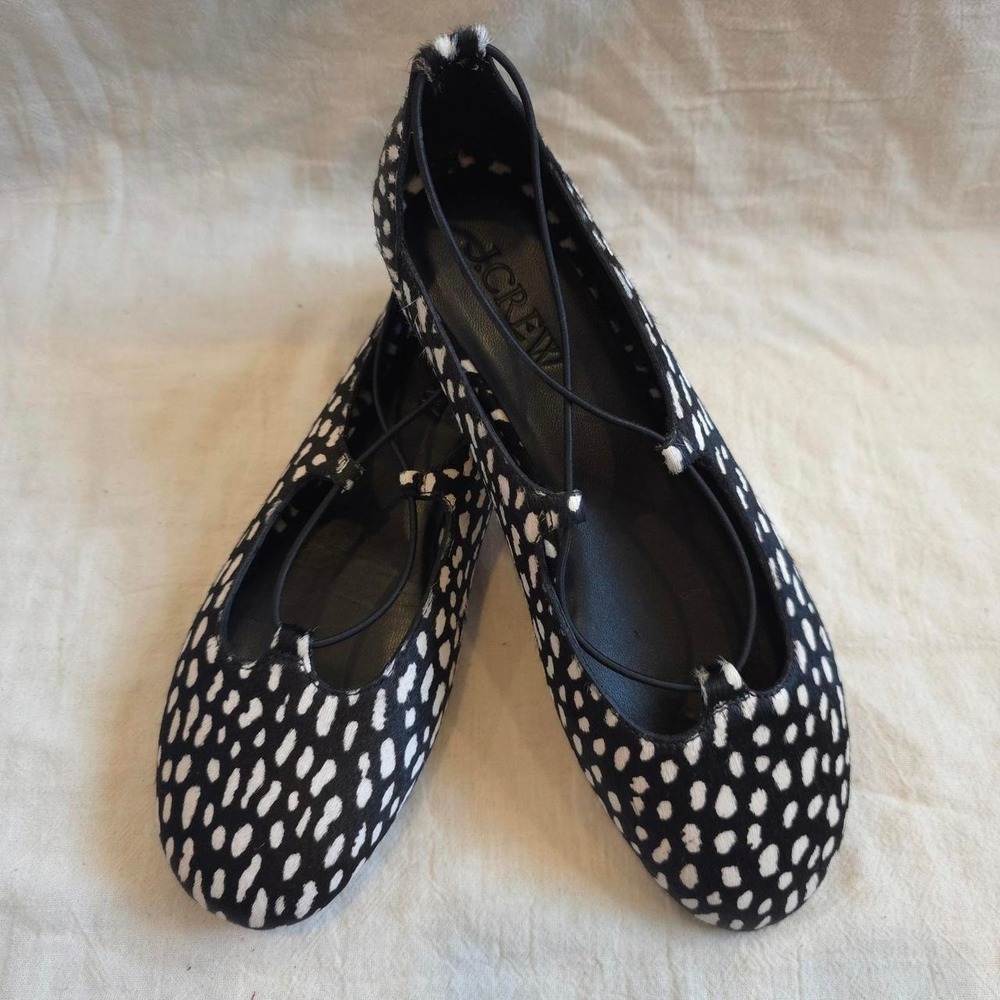 J. Crew Andi Strappy Ballet Flats Black White Printed Calf Hair - Size 8